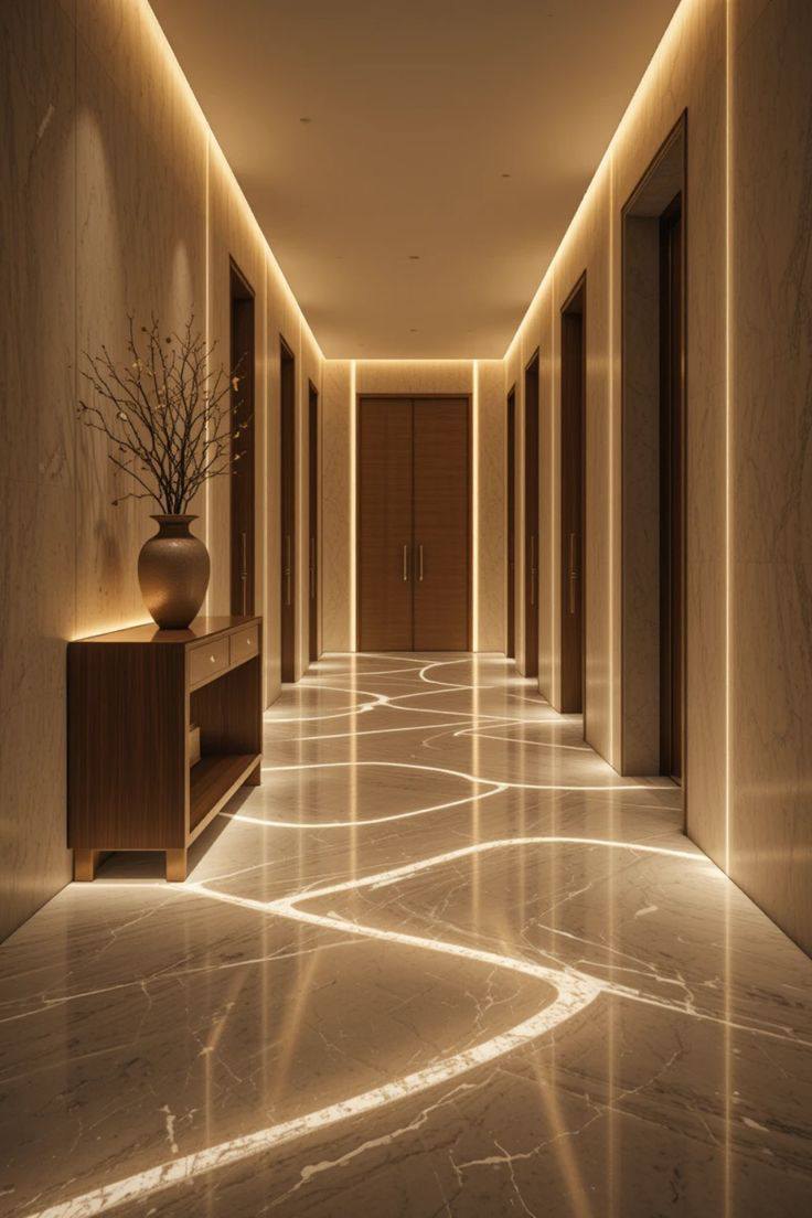 A marble corridor lit only by concealed coves, warm light running the length of the walls and reflecting in the polished floor