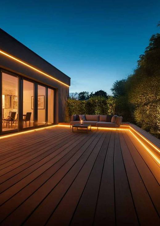 A timber deck at dusk, warm light concealed under the bench seating and along the roof edge of the house behind