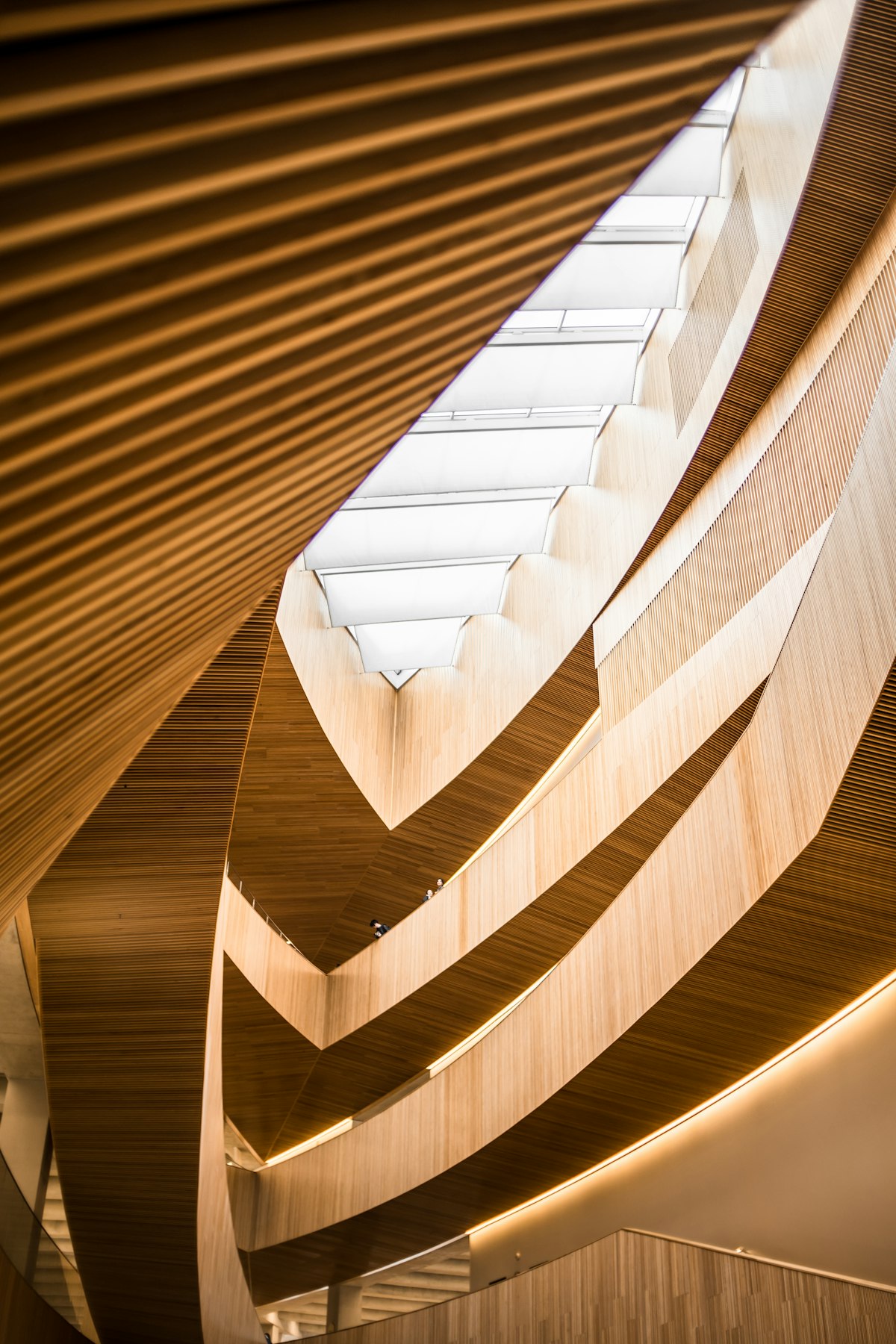 Curved timber balconies in a sunlit atrium, their undersides washed by concealed linear lighting