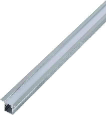 A length of recessed aluminium LED channel with a frosted diffuser seated in its opening and mounting flanges either side