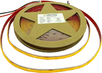 A reel of COB LED tape on a kraft-coloured spool marked TOUCHON, with warm and cool lengths of dotless tape coiled around it