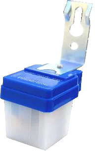 A weatherproof photocell in a clear housing with a blue cap and a folded metal mounting bracket