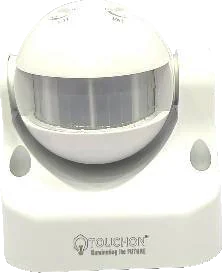 A white wall-mounted motion sensor with a large domed infrared lens on an adjustable swivel head