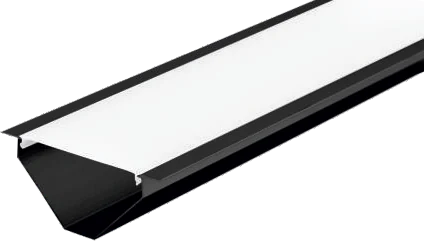 An angled aluminium corner extrusion with a black body and a white diffuser running along its lit face