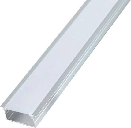 A silver aluminium extrusion with a broad frosted diffuser filling the width of its recessed opening