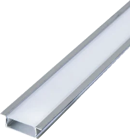 A length of silver aluminium LED channel with a frosted diffuser seated in its opening and flat mounting flanges either side