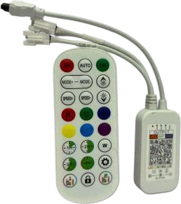A white LED controller module with a short pigtail lead, shown beside a multi-button colour remote