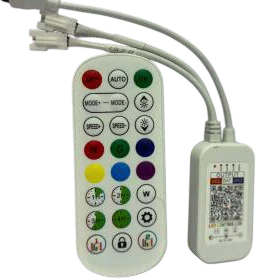 A white four-channel LED controller with a bundle of output leads, shown beside a multi-button colour remote