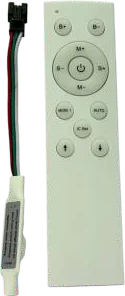A small inline controller on a short lead beside a slim white remote with directional and speed buttons