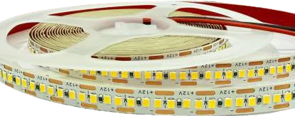 A reel of white 12V LED tape, its densely packed warm-white chips visible along the unwound length