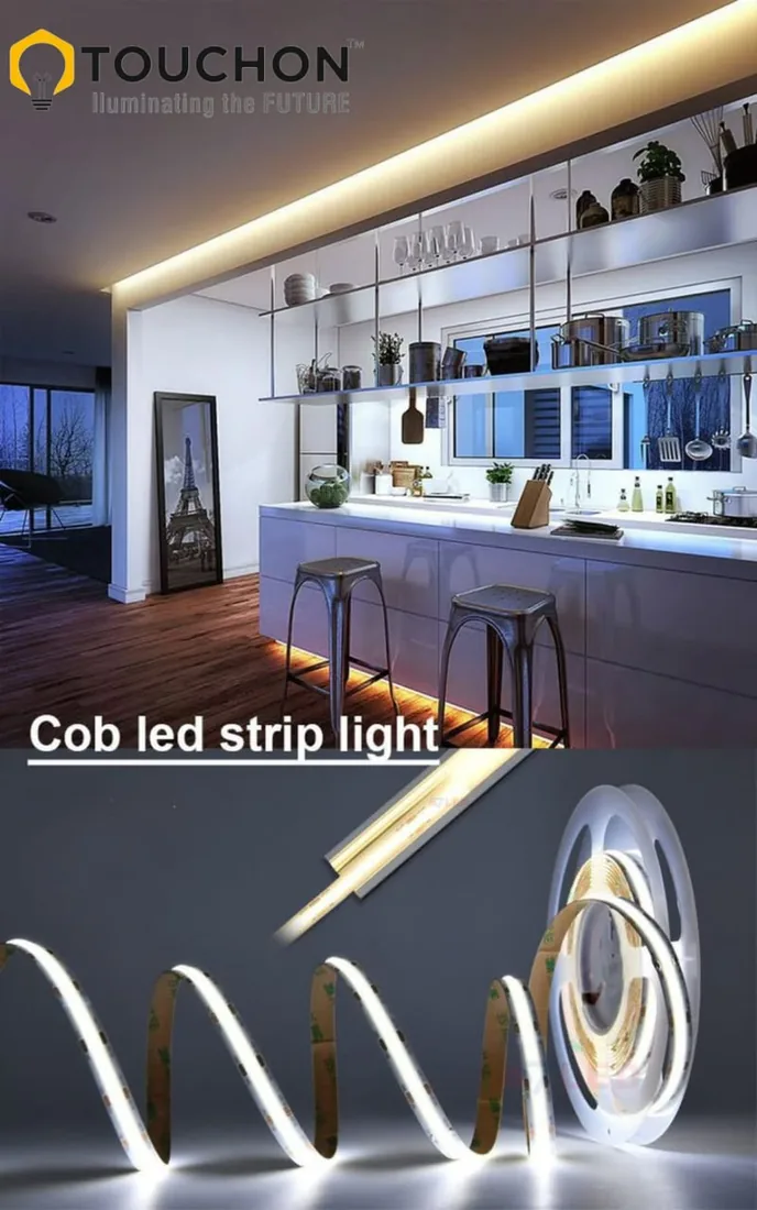 COB strip lighting a kitchen — a cove run above the units and concealed strip under the counter — shown above a coil of the tape itself.