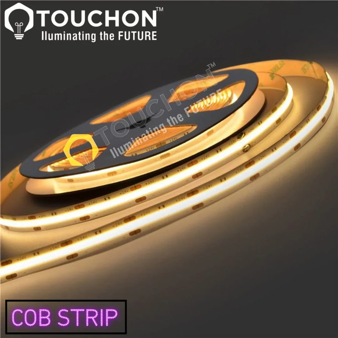 A reel of warm white COB strip unwound to show the continuous line of light, with no individual diodes visible.