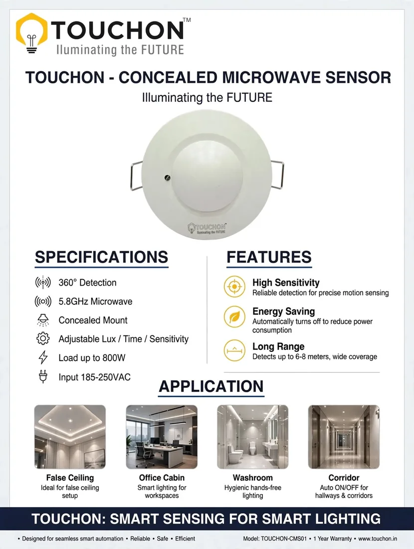 Specification sheet for the ceiling-recessed 5.8GHz microwave sensor: 360° detection, 6–8m range, 800W load, adjustable lux, time and sensitivity.