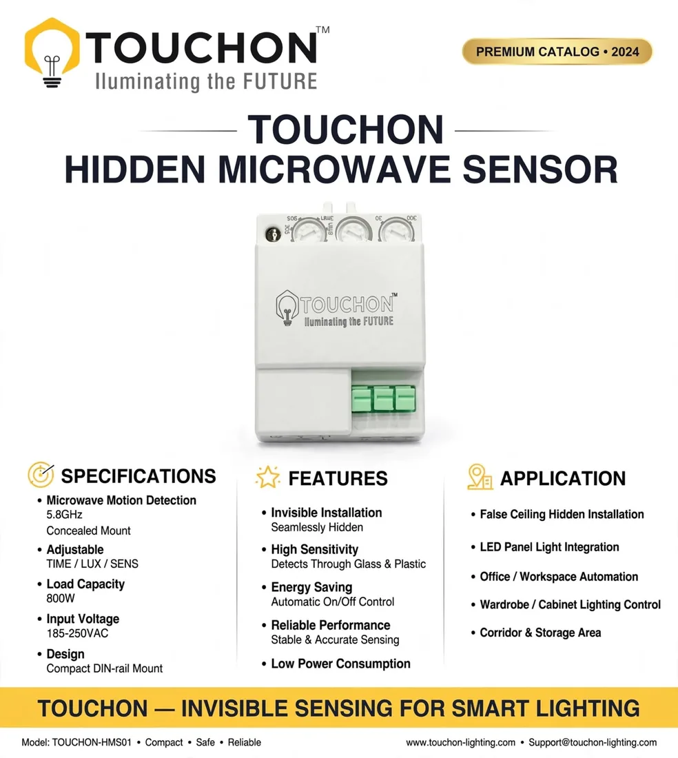 Specification sheet for the concealed 5.8GHz microwave sensor: 800W load, 185–250VAC, DIN-rail mount, detecting through glass and plastic.