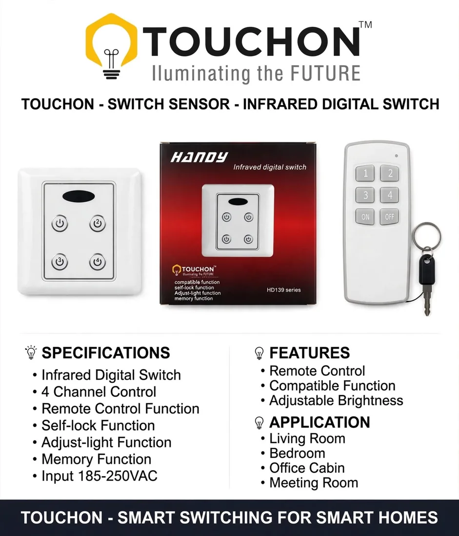 Specification sheet for the HD139 four-channel infrared digital switch, shown with its remote and packaging: 185–250VAC, with self-lock, memory and dimming.