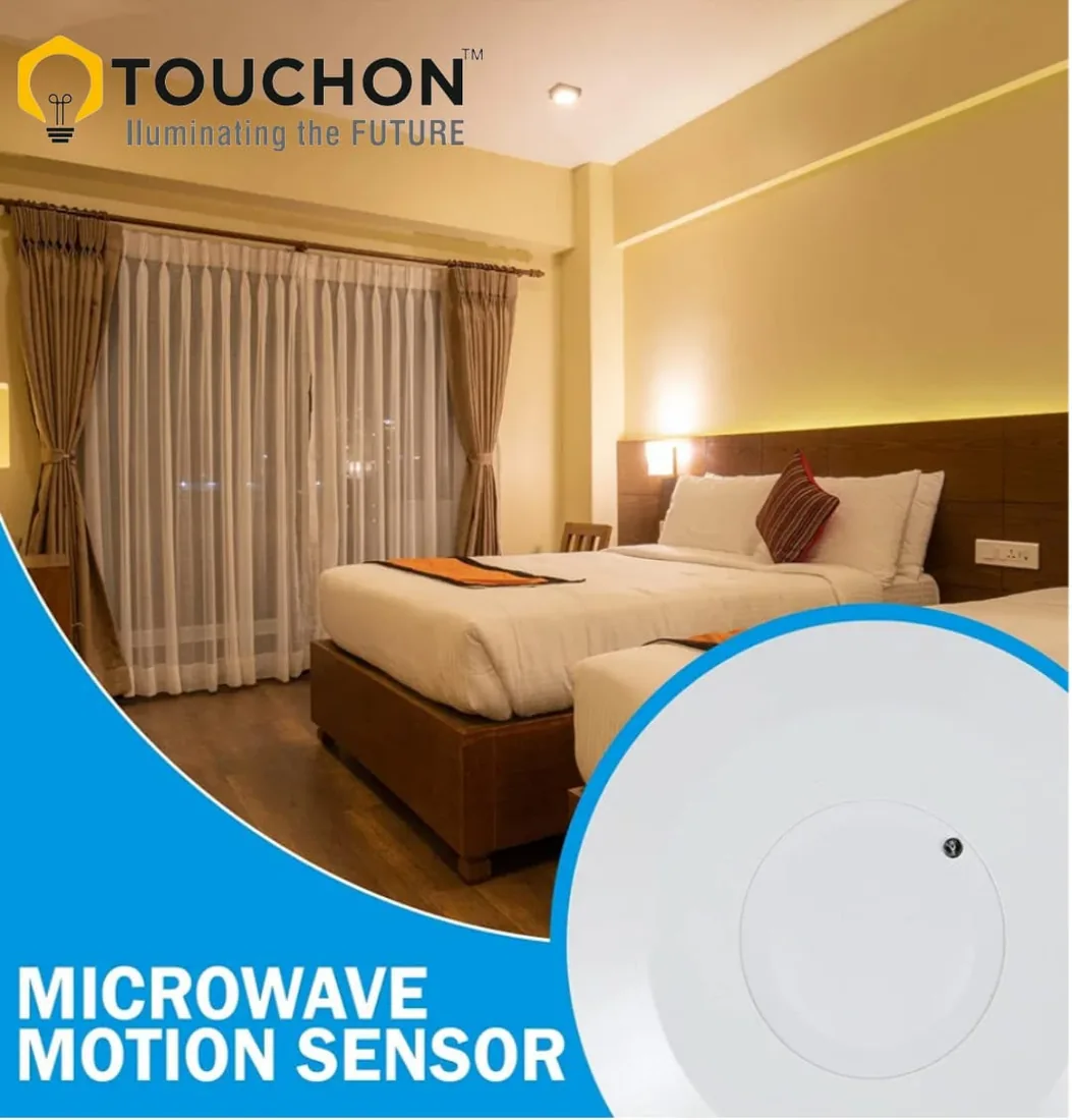 The flush microwave motion sensor shown installed in a hotel bedroom ceiling, alongside a close-up of the fitted sensor face.