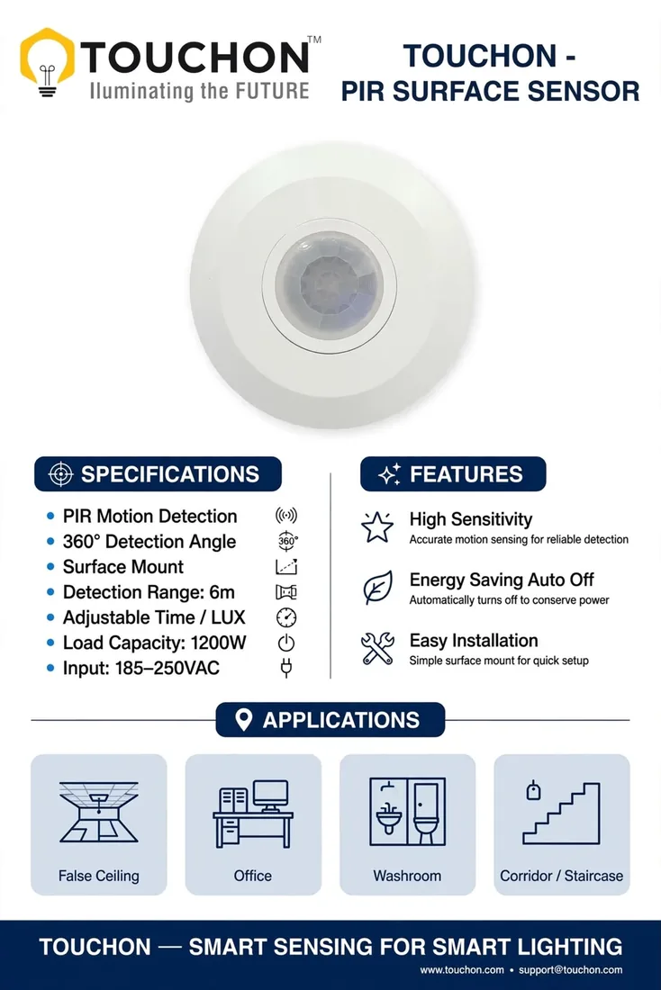 Specification sheet for the TOUCHON PIR surface sensor: 360° detection, 6m range, 1200W load, 185–250VAC, with adjustable time and lux.