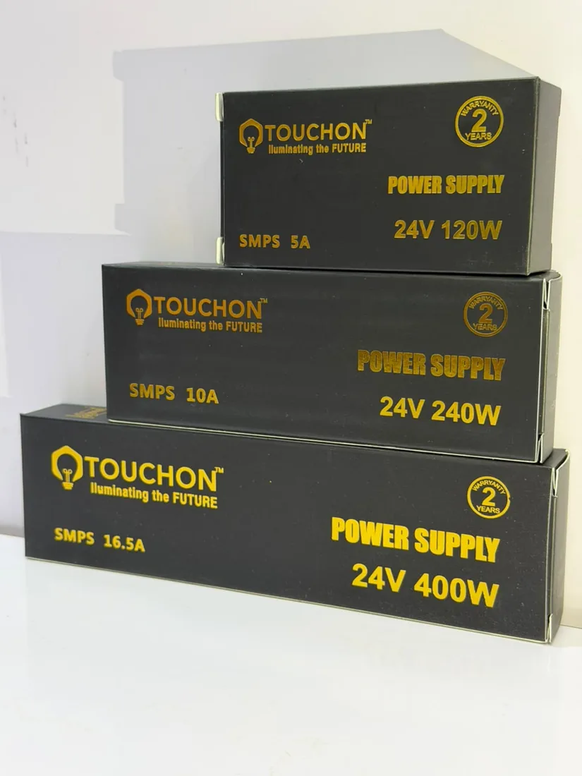 The TOUCHON SMPS range in its packaging: 5A 120W, 10A 240W and 16.5A 400W, each marked with a two-year warranty.