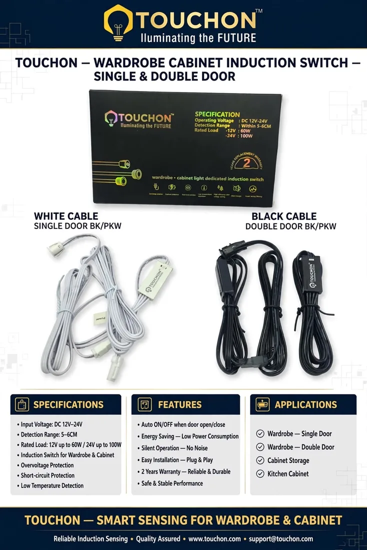 Specification sheet for the wardrobe and cabinet induction switch: DC 12–24V, 5–6cm detection, 60W at 12V or 100W at 24V, in single and double door versions.